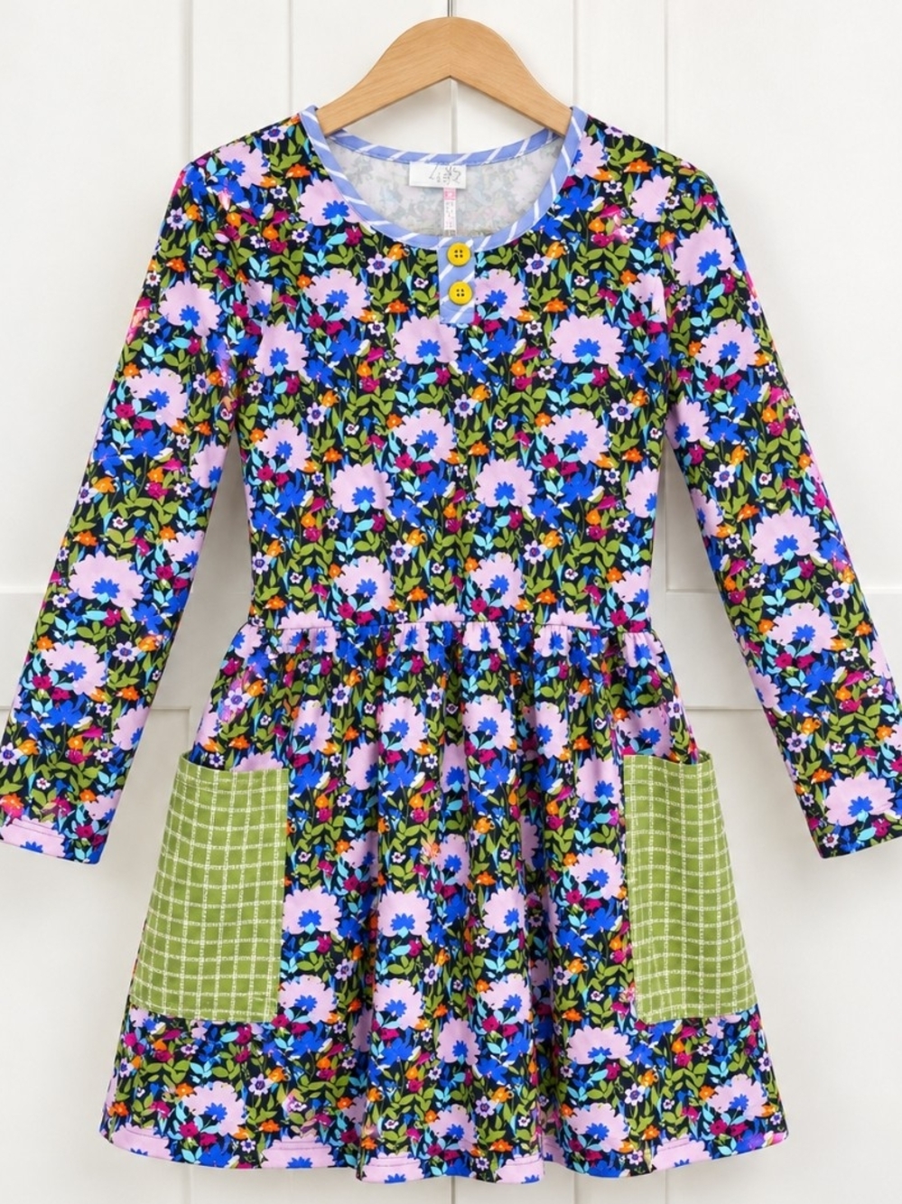 Girls Floral Long-Sleeve Dress with Green Patch Pockets